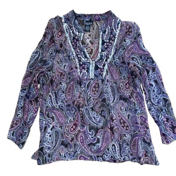 NY Collection Tops - NY Collection 100% Silk Sheer Paisley‎ Blouse Boho Sequin Plus Size 1X